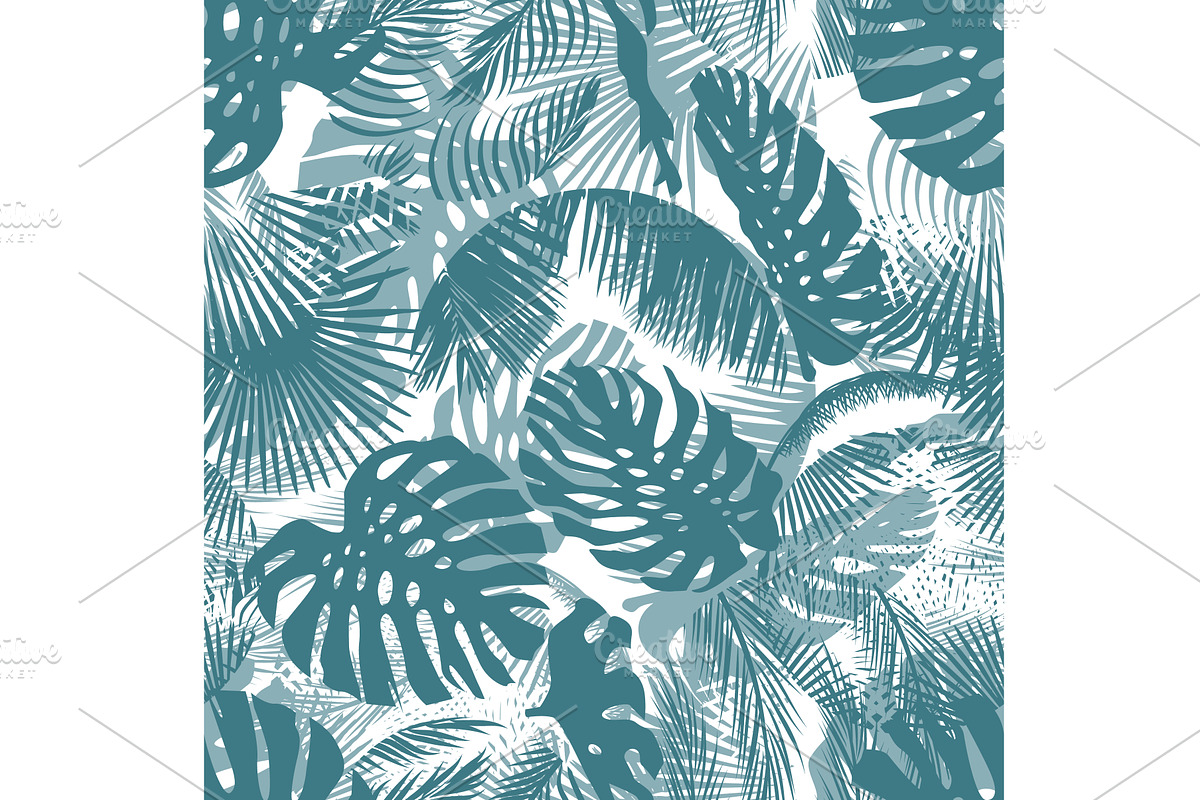 Seamless background palm leaves, an Illustration by Nenahliadava Design