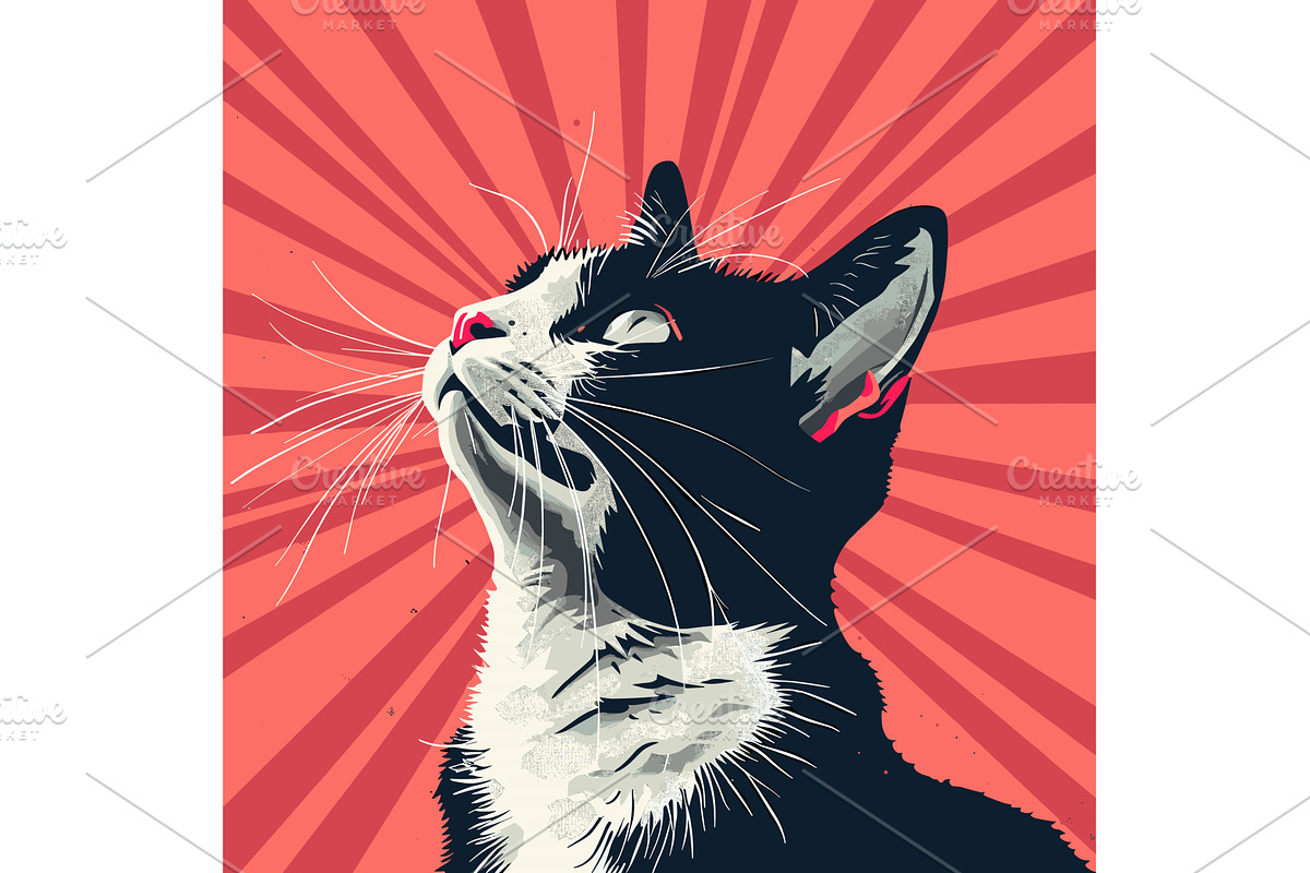 Black white cat tilting head, red, an Animal Illustration by Vectorstockersland