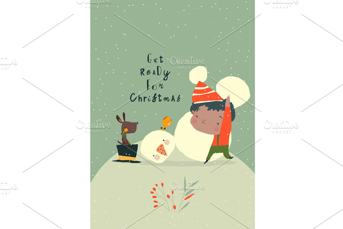 Little Boy building Snowman in, an Illustration by Maria Starus
