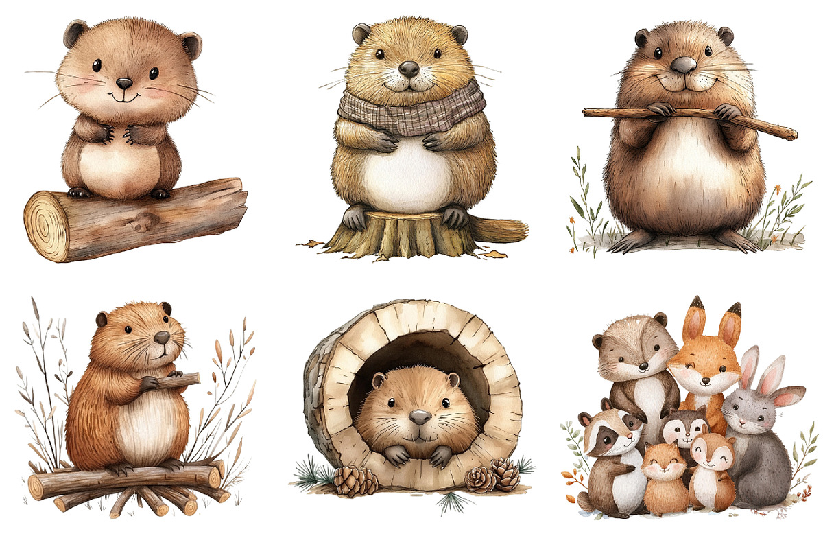 Cute Beaver Clip Art, Woodland Anima, an Illustration by Watercolor design (Photo 5 of 5)