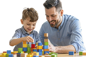Child and father building with blocks isolated photo, a School & Education Photo by DanFLCreativo