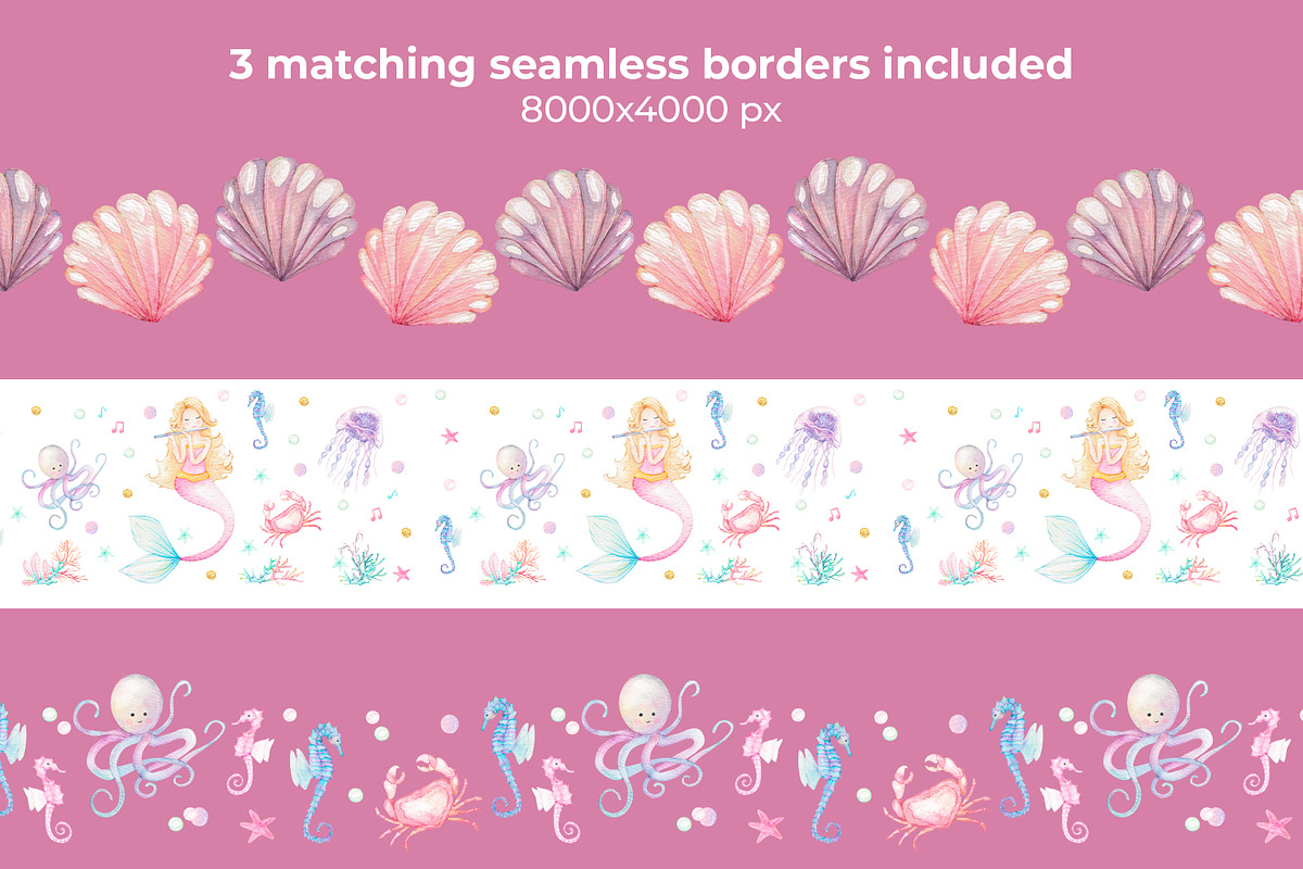 Mermaid watercolor pattern set, an Animal Illustration by WatercolorElena (Photo 8 of 11)