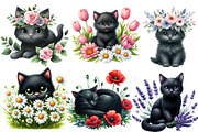 Watercolor Floral Black Cat Clipart, an Illustration by Designworld (Thumbnail 2 of 5)