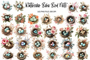 Watercolor Boho Bird Nests Clipart, an Illustration by Designworld