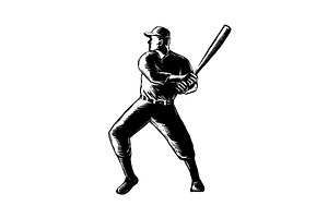 Baseball Player Batting Woodcut Blac