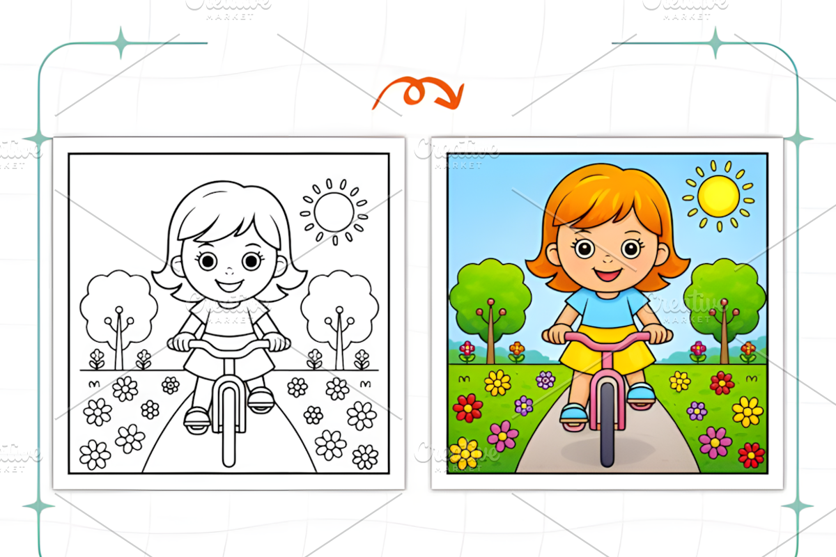 Spring Girl Activities Coloring Page, a Decorative Illustration by Ink Gallery (Photo 8 of 8)