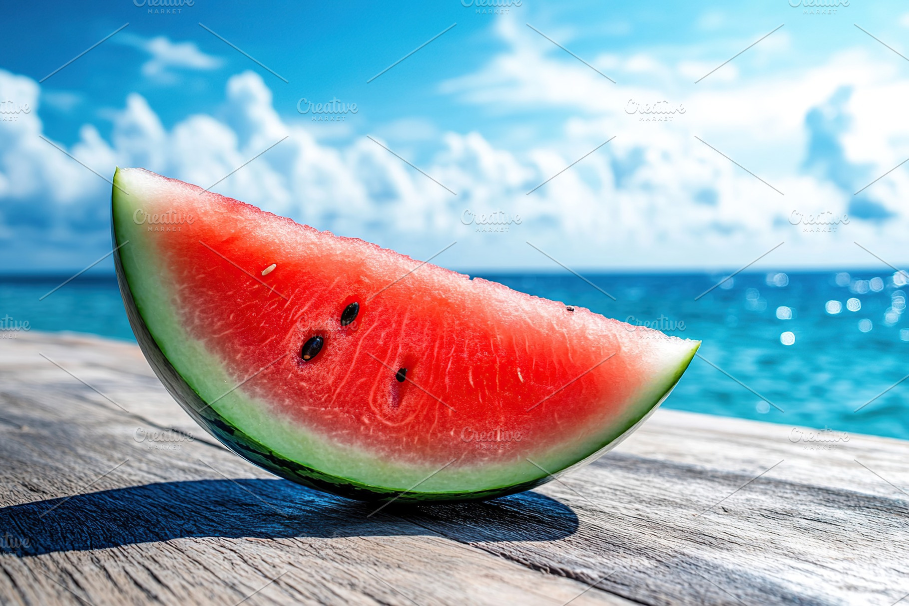 Ripe watermelon slice positioned on wooden surface against ocean backdrop in br, a Food & Drink Photo by AlyaAnd