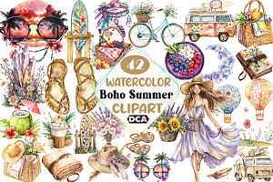 Watercolor Boho Summer ClipArt, an Illustration by DreamCafeArt