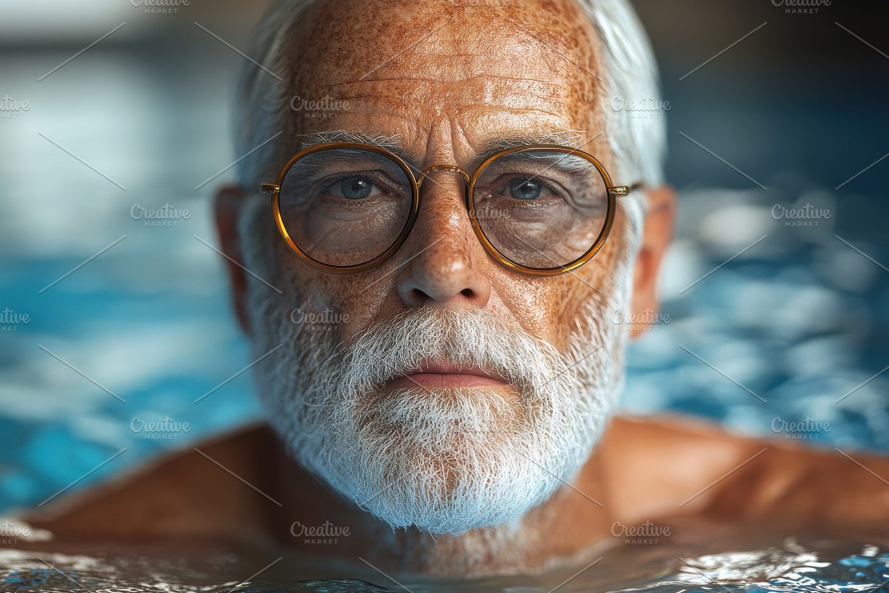 Elderly man with glasses enjoys tran, a Photo by Tanuart
