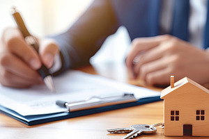 Close-up of keys and model house during property contract signing, an Illustration by AS photostudio