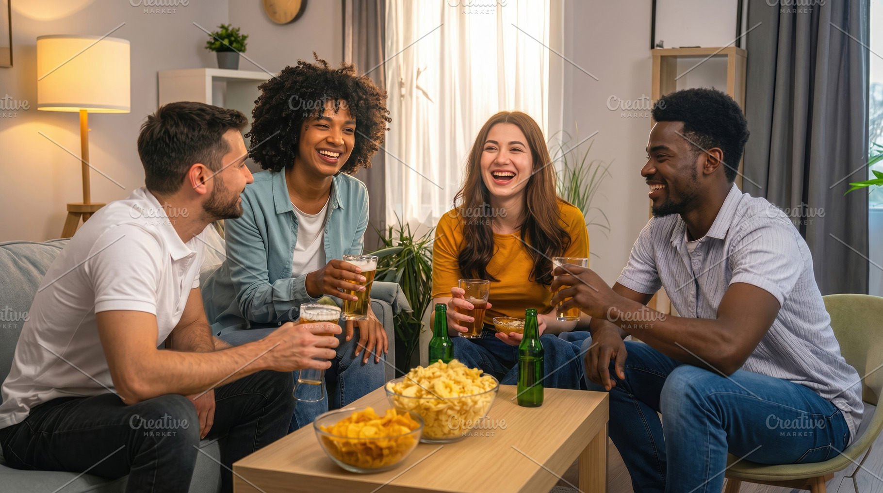 Friends Laughing During Home Gathering, a Photo by Davizro's Market