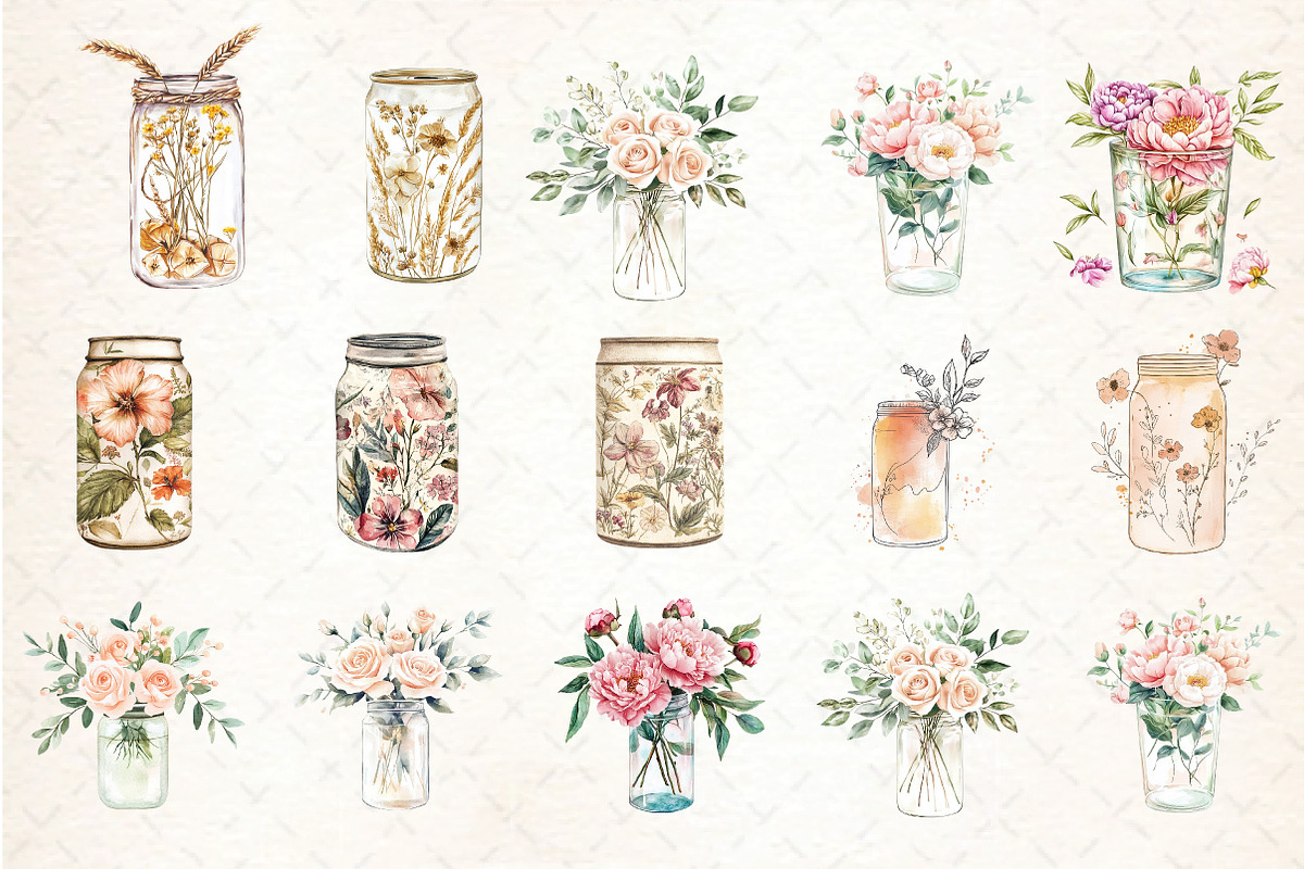 Floral Boho Can Glass Clipart, an Illustration by DreamCafeArt (Photo 3 of 5)