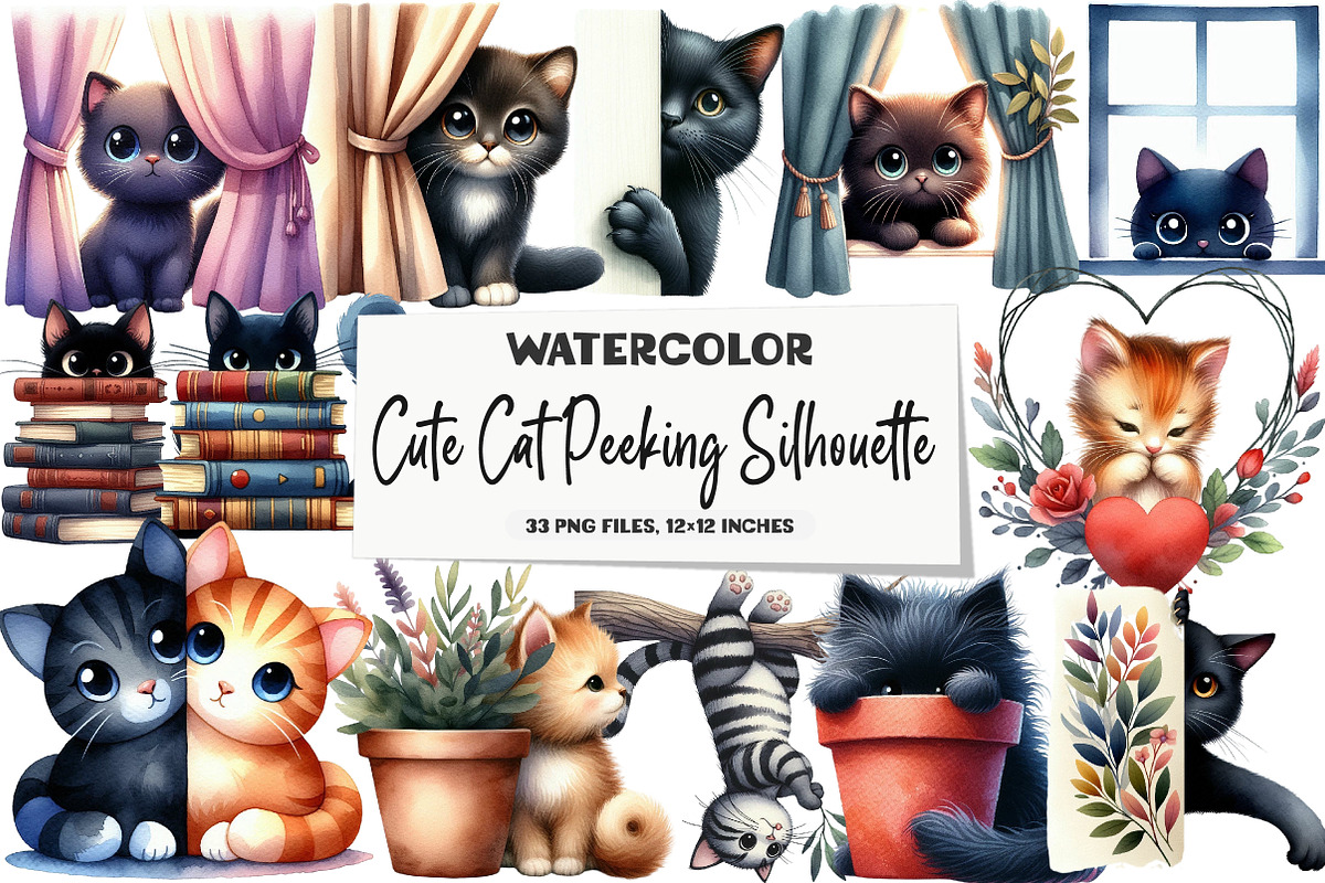 Cute Cat Peeking Silhouette Clipart, an Illustration by DreamArtGraphic (Photo 1 of 7)