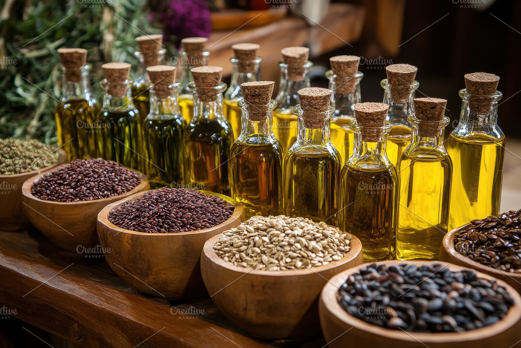 Collection of colorful oils and seed, a Photo by Tanuart