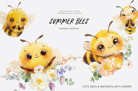 SUMMER BEES Watercolor Collection, a Decorative Illustration by Muse Artist