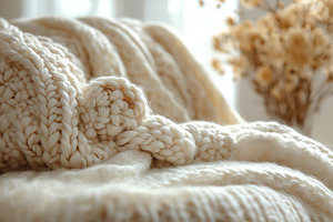 A cozy, cream-colored knitted blanket draped softly on a comfortable sofa, invi, a Background Photo by ImageMir