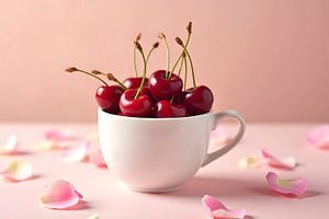 Fresh Cherries In Soft Pink Floral S, a Photo by LOGOCREATIVE