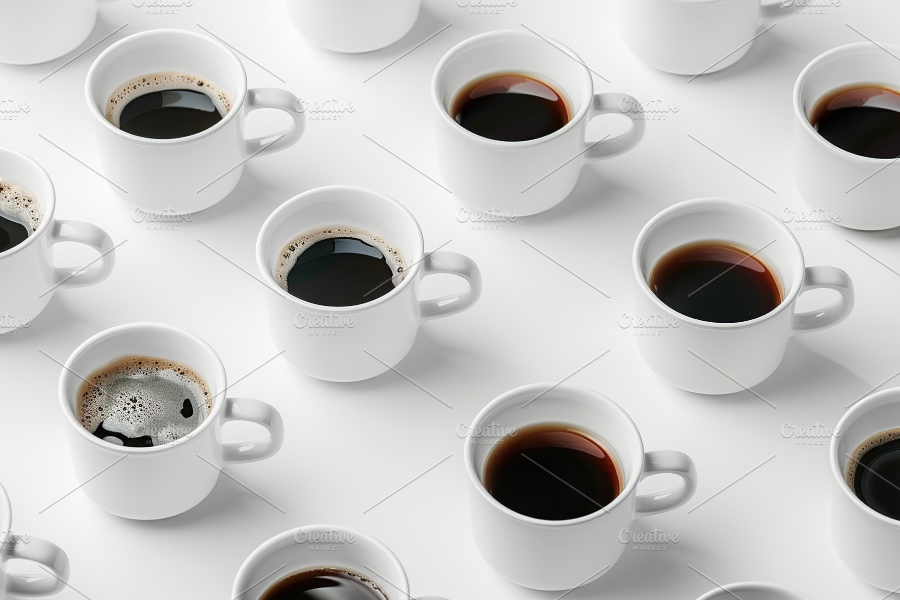 Different cups of coffee on white background, a Food & Drink Photo by AlyaAnd
