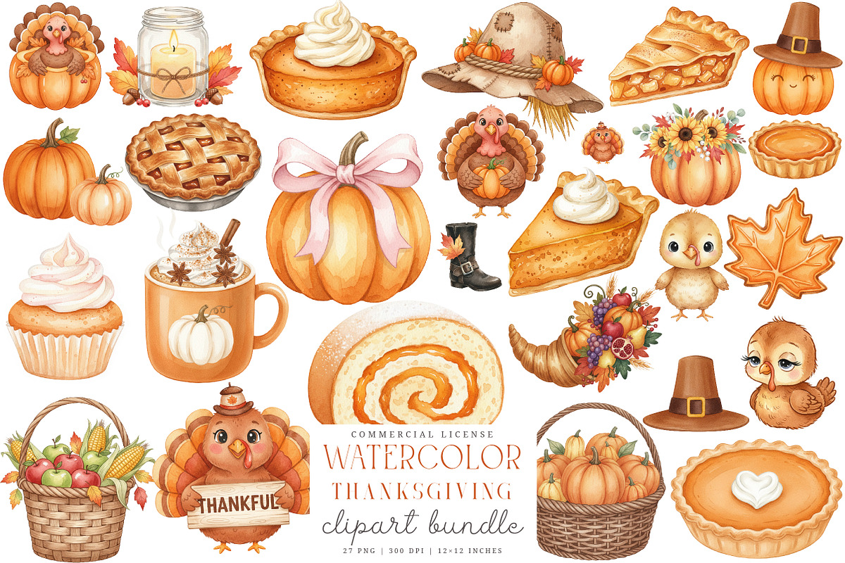 Watercolor Thanksgiving Clipart PNG, an Illustration by SinaCreation (Photo 1 of 7)