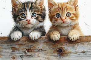 Two adorable kittens peeking over a, an Animal Photo by Pixeness Studio