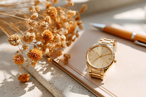 Elegant gold watch placed beside dried flowers and a pen on a textured surface, a Photo by AlyaAnd
