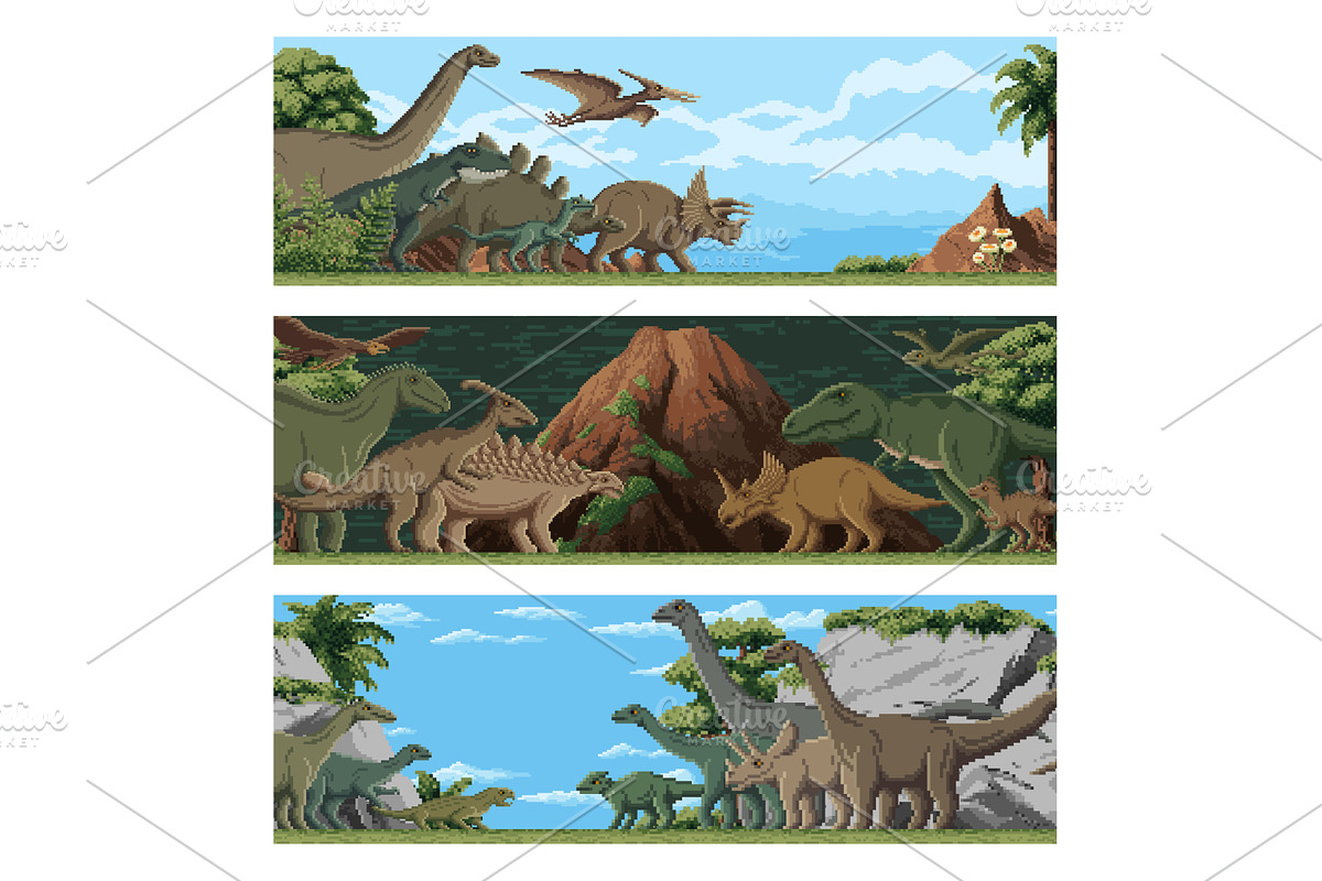 8 bit pixel dinosaurs, an Animal Illustration by Vector Tradition