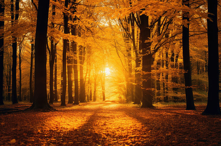 Sunset in the autumn forest. Beautif, a Photo by Iftikhar Alam