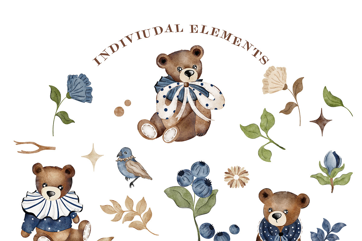 Blueberry Teddy Bears Watercolor Set, an Animal Illustration by Pati Paints (Photo 2 of 12)