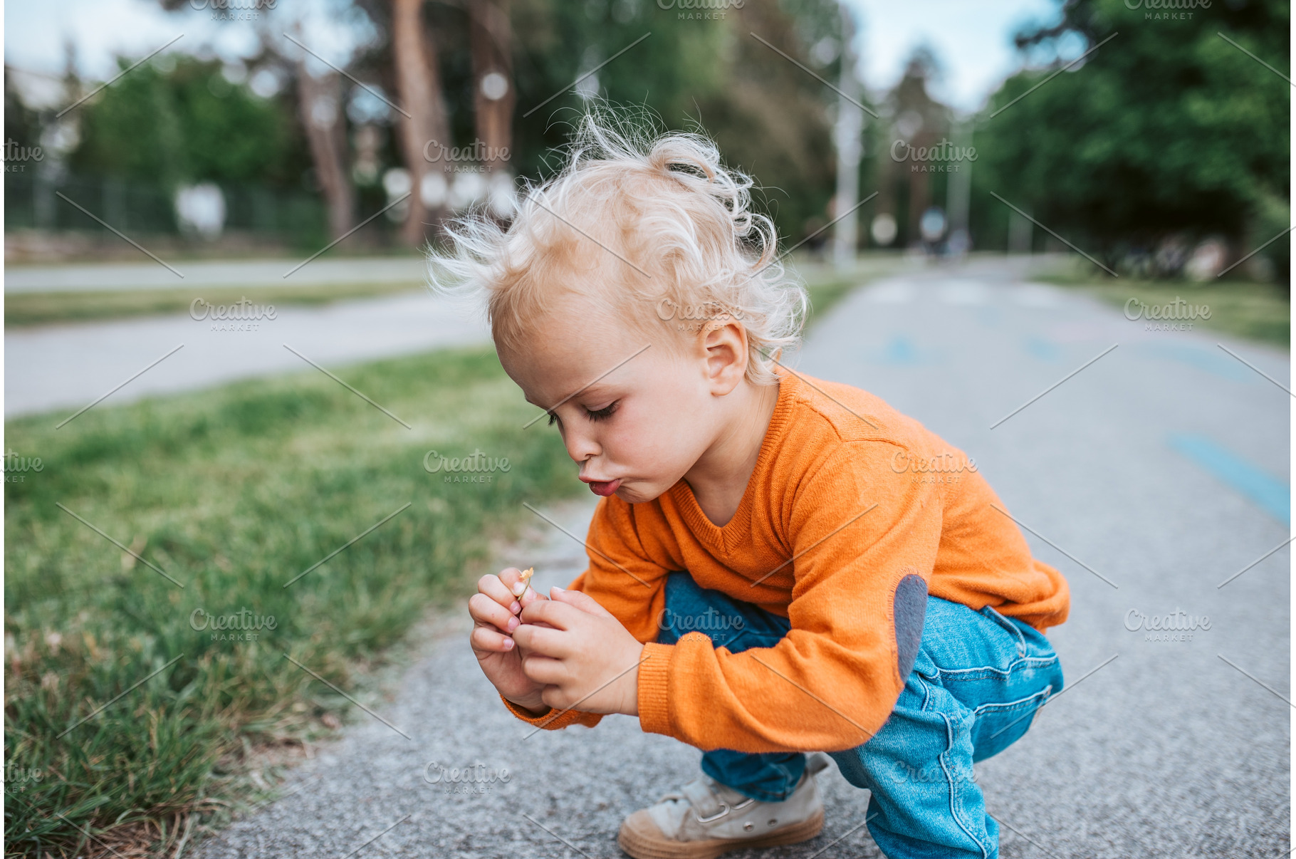 Curious toddler boy examines small, a Nature Photo by HalfPoint