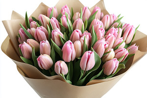 A vibrant bouquet of pink tulips wrapped in soft, natural paper., a Background Photo by ImageMir