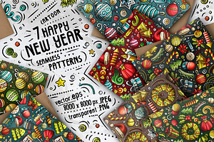 7 New Year Cartoon Seamless Patterns