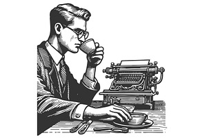 man drinking coffee at typewriter, a Person Illustration by AlexArt