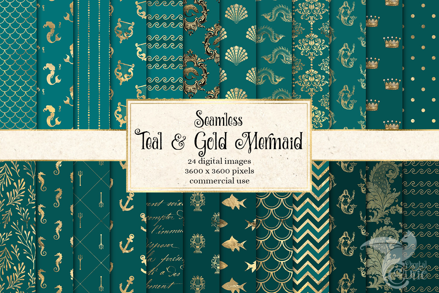 Teal and Gold Mermaid Digital Paper, a Pattern Graphic by Digital Curio