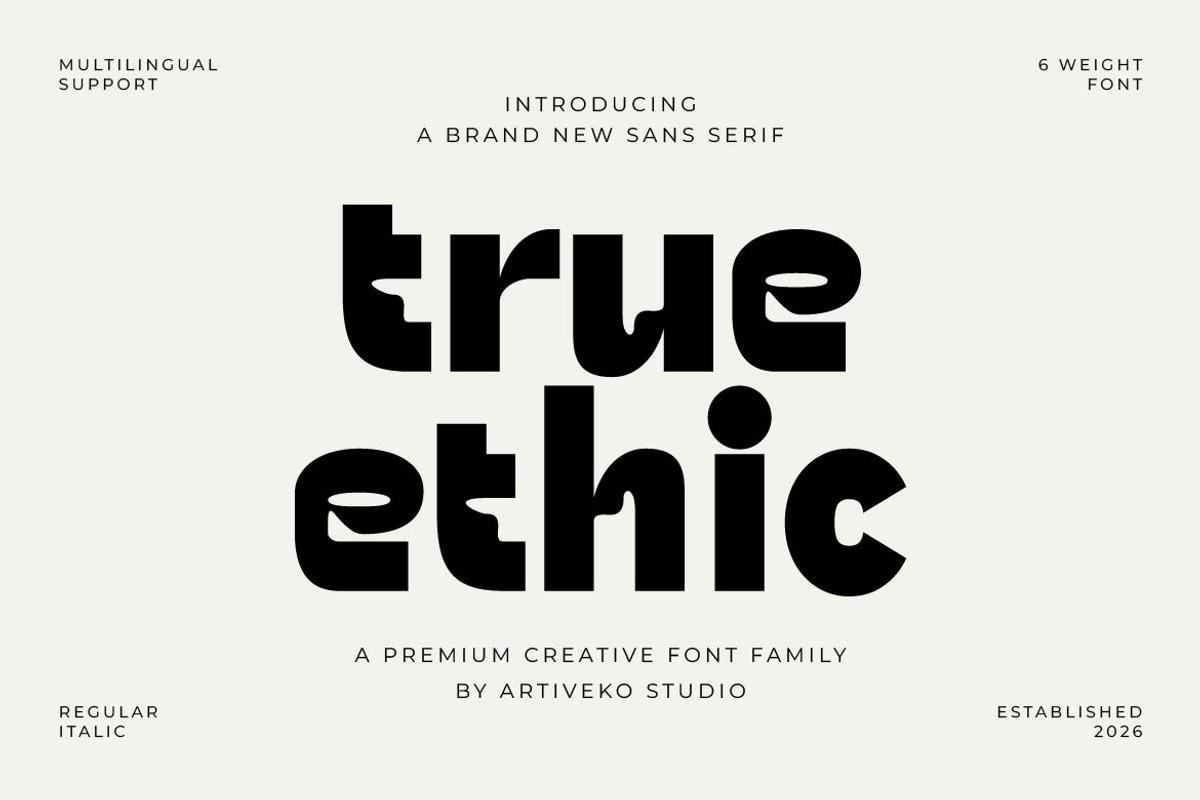 True Ethic – Unique Creative Font, a Sans Serif Font by Artiveko (Photo 1 of 8)