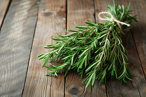 Rosemary bunch on wooden table, a Food & Drink Photo by AlyaAnd