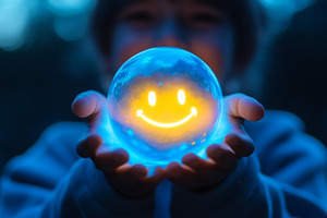Glowing Smiley Face Sphere Held in Hands at Twilight, an Abstract Photo by Natalia Klenova's Shop