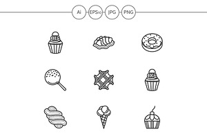 Candies and cakes line icons. Set 3