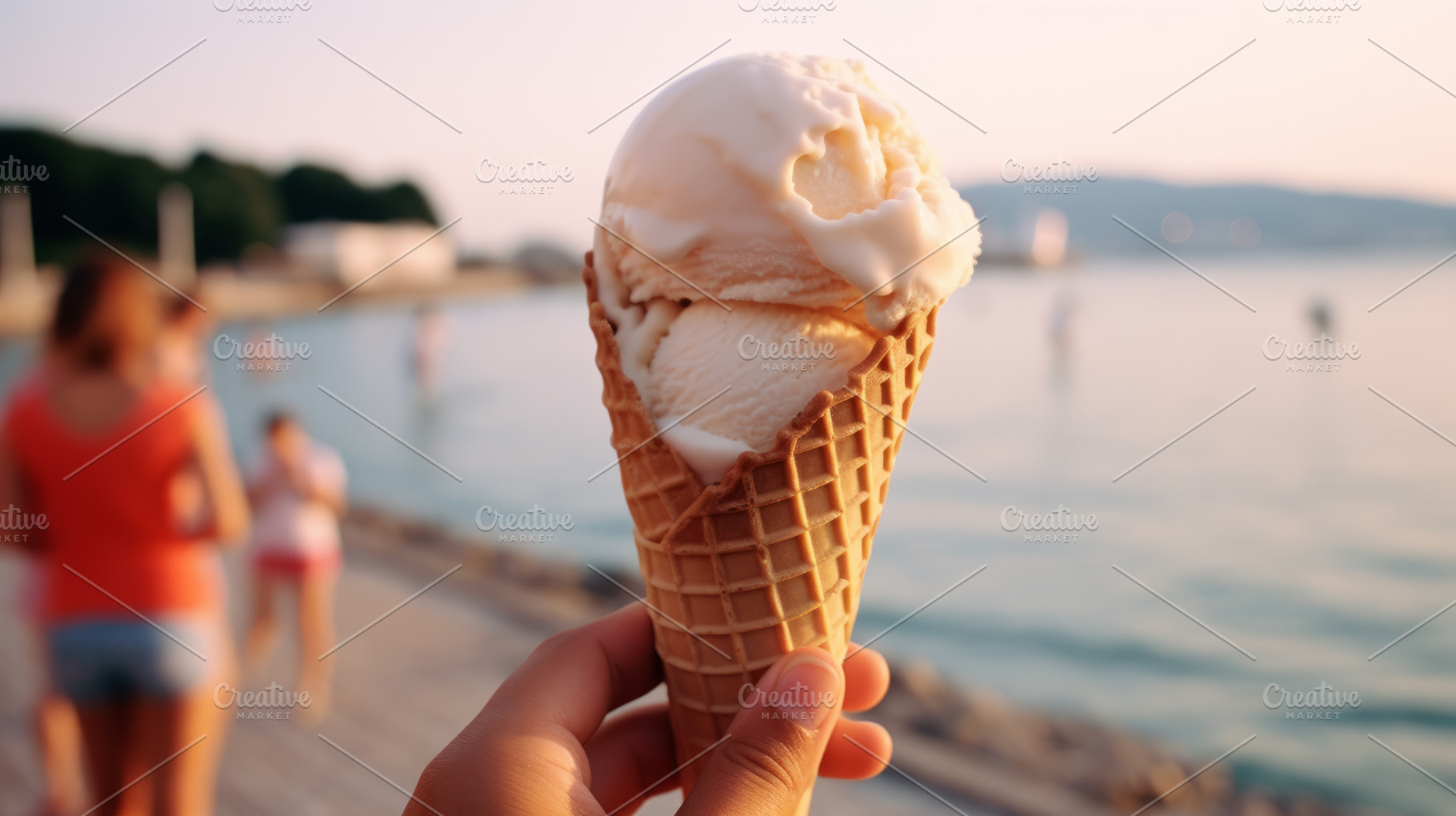 Female hand with holds vanila ice cream on background of a summer beach. The co, a Food & Drink Photo by Natalia Klenova's Shop