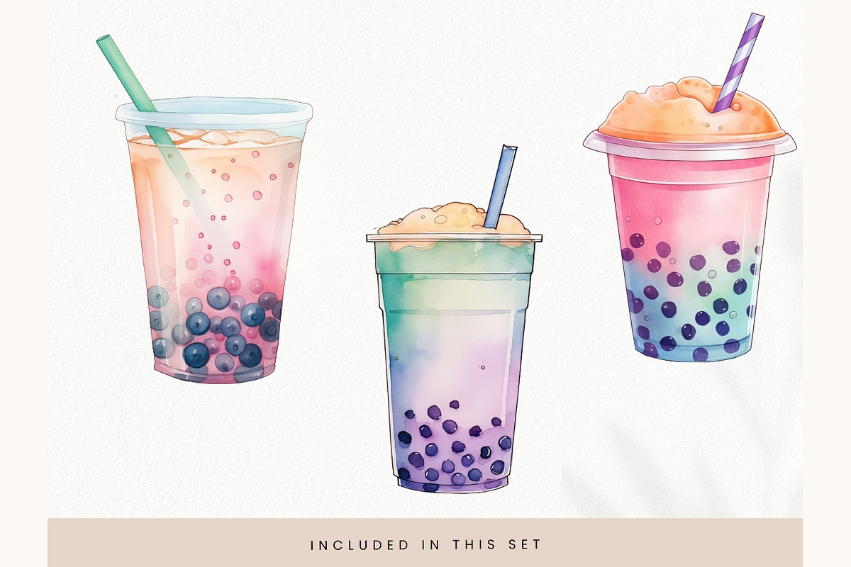 Watercolor Boba Tea Clipart, Pastel, a Decorative Illustration by illuztrate (Photo 2 of 6)