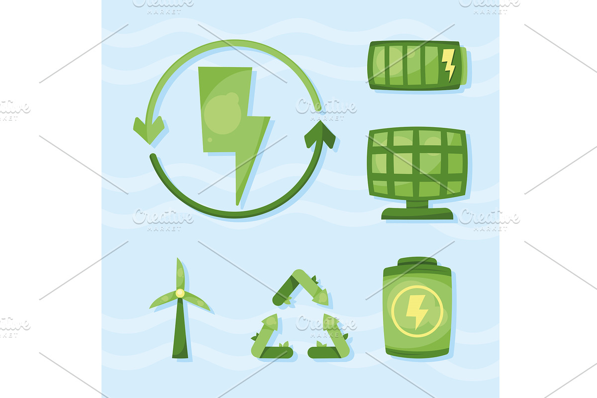 six green energy icons, a Technology Illustration by studiogstock