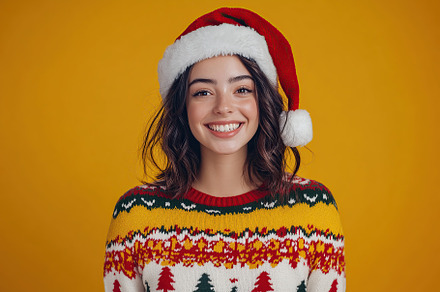 Cute young woman in knitted christmas sweater and santa hat, a Holiday Photo by AlyaAnd