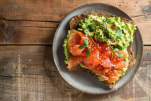 Toast bread with salted salmon and guacamole avocado on wooden table, a Food & Drink Photo by AlyaAnd