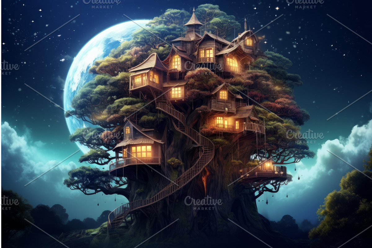 Enchanted treehouse with moonlit sky, an Illustration by Ylivdesign