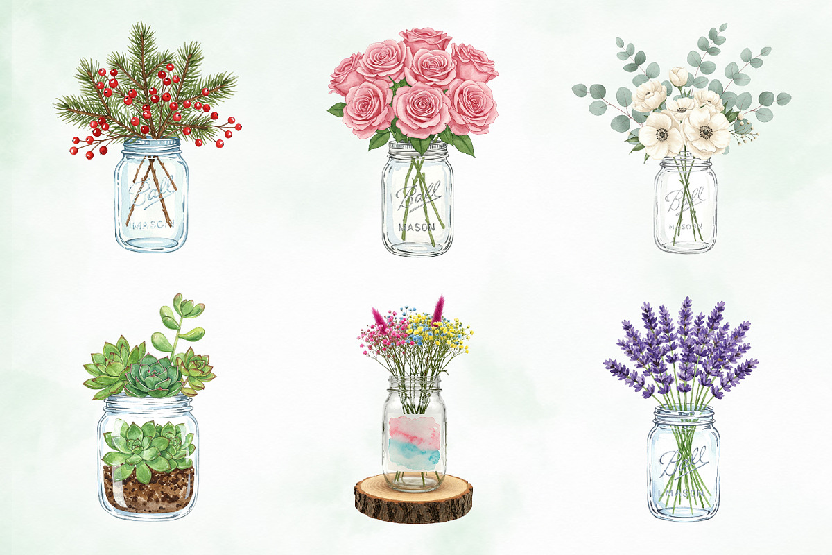 Watercolor Mason Jar Flowers Set, an Illustration by Creative Art (Photo 4 of 9)