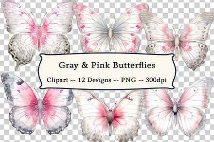 12 Gray & Pink Butterflies Clipart
