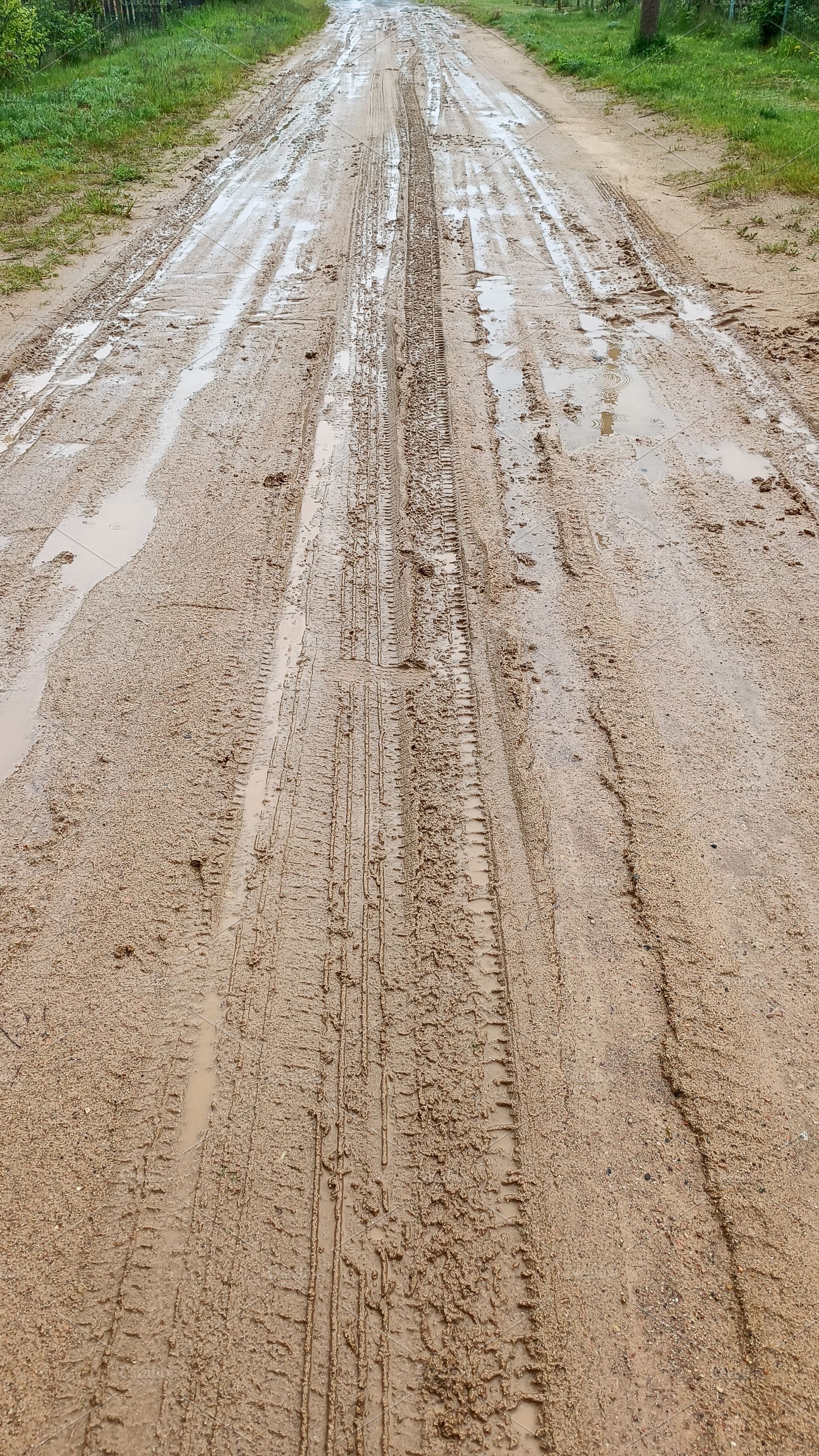 Dirty road after rain with car marks, a Nature Photo by Nastya_Velko