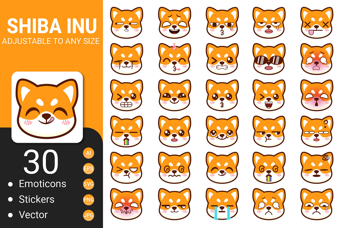 Shiba inu emoticons. Kawaii set, an Animal Illustration by Icons