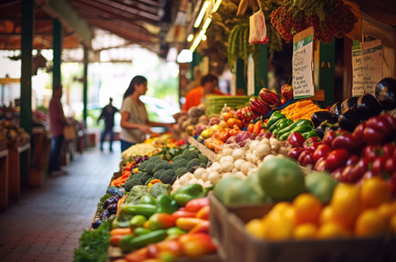 A shopper exploring a bustling farmers market, surrounded by fre, a Person Photo by designvectx