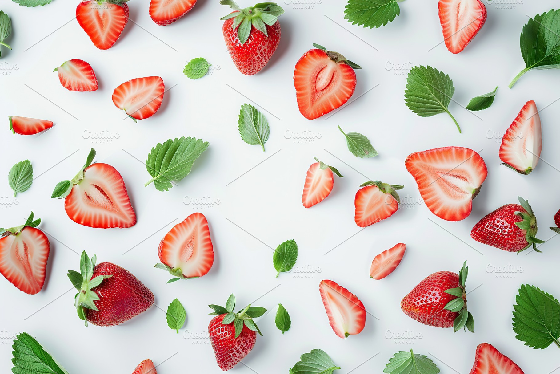 Red strawberries and green leafs on white background, a Food & Drink Photo by AlyaAnd