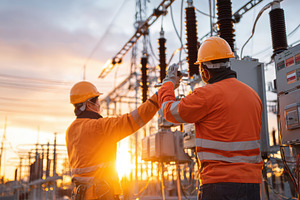 Workers maintaining power lines at sunset, an Industrial Photo by AlyaAnd